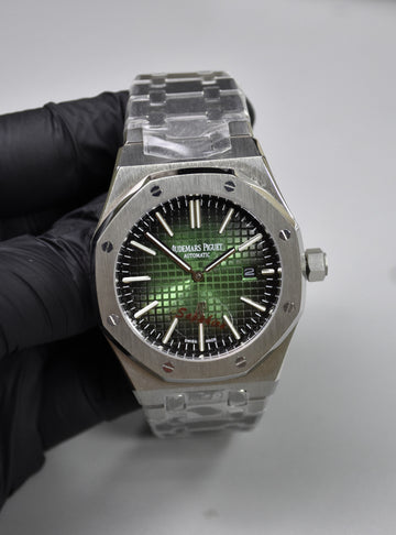 AP ROYAL OAK AUTO CHAIN SILVER GREEN BLACK BOX DAIL