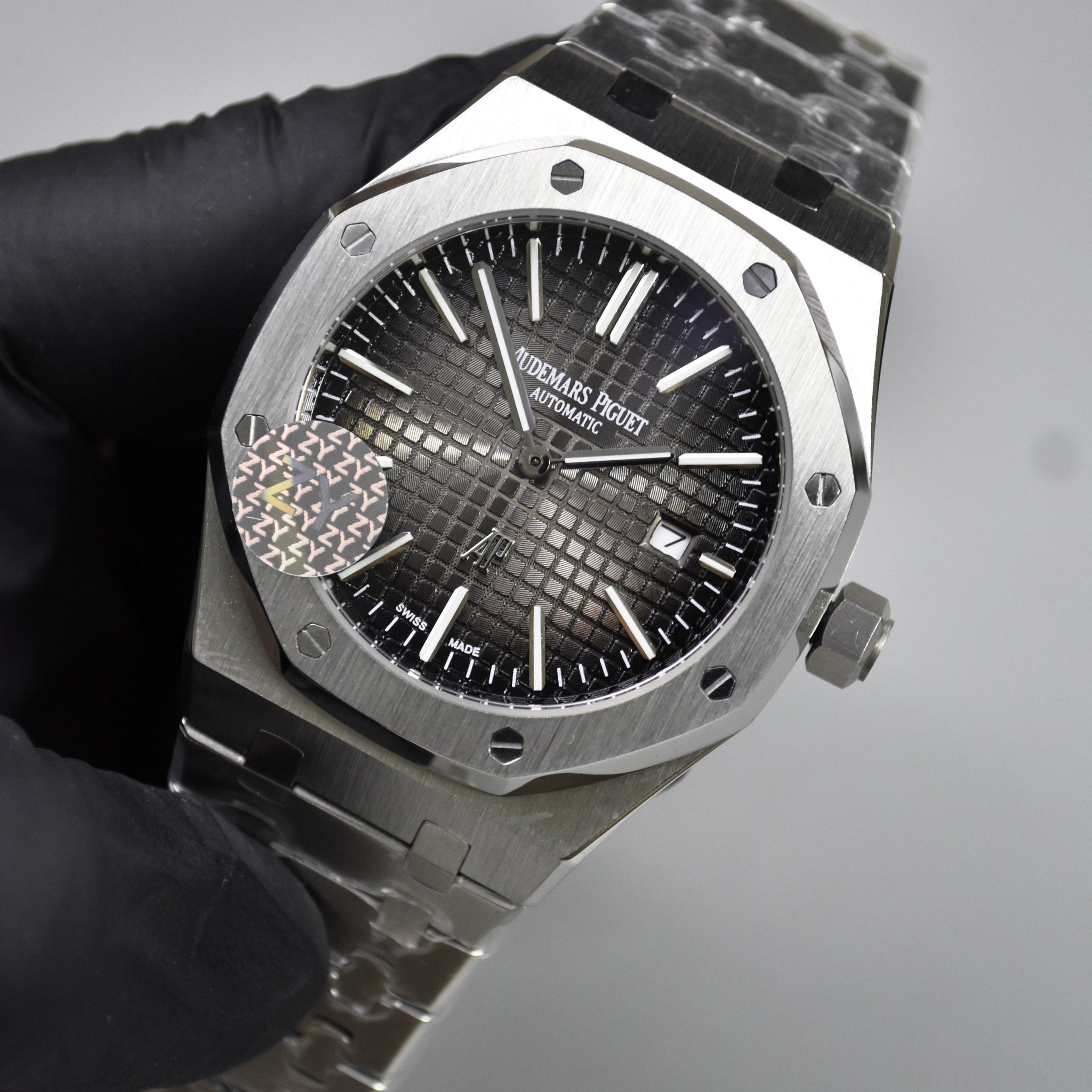 AP ROYAL OAK AUTO CHAIN SILVER GREY BLACK BOX DAIL