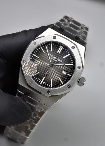 AP ROYAL OAK AUTO CHAIN SILVER GREY BLACK BOX DAIL