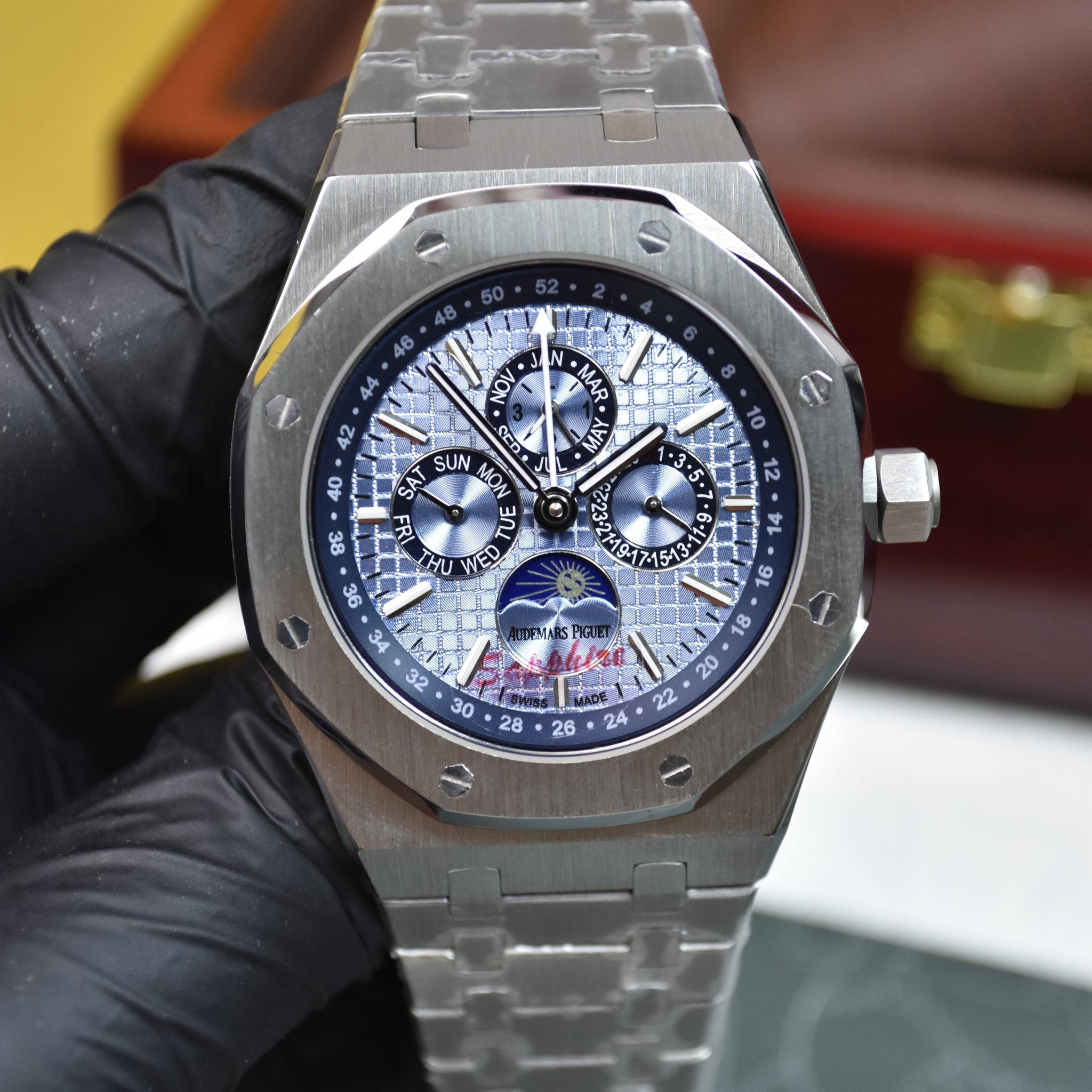 ROYAL OAK AUTO CALENDER PREPETUEL SILVER ICE BLUE
