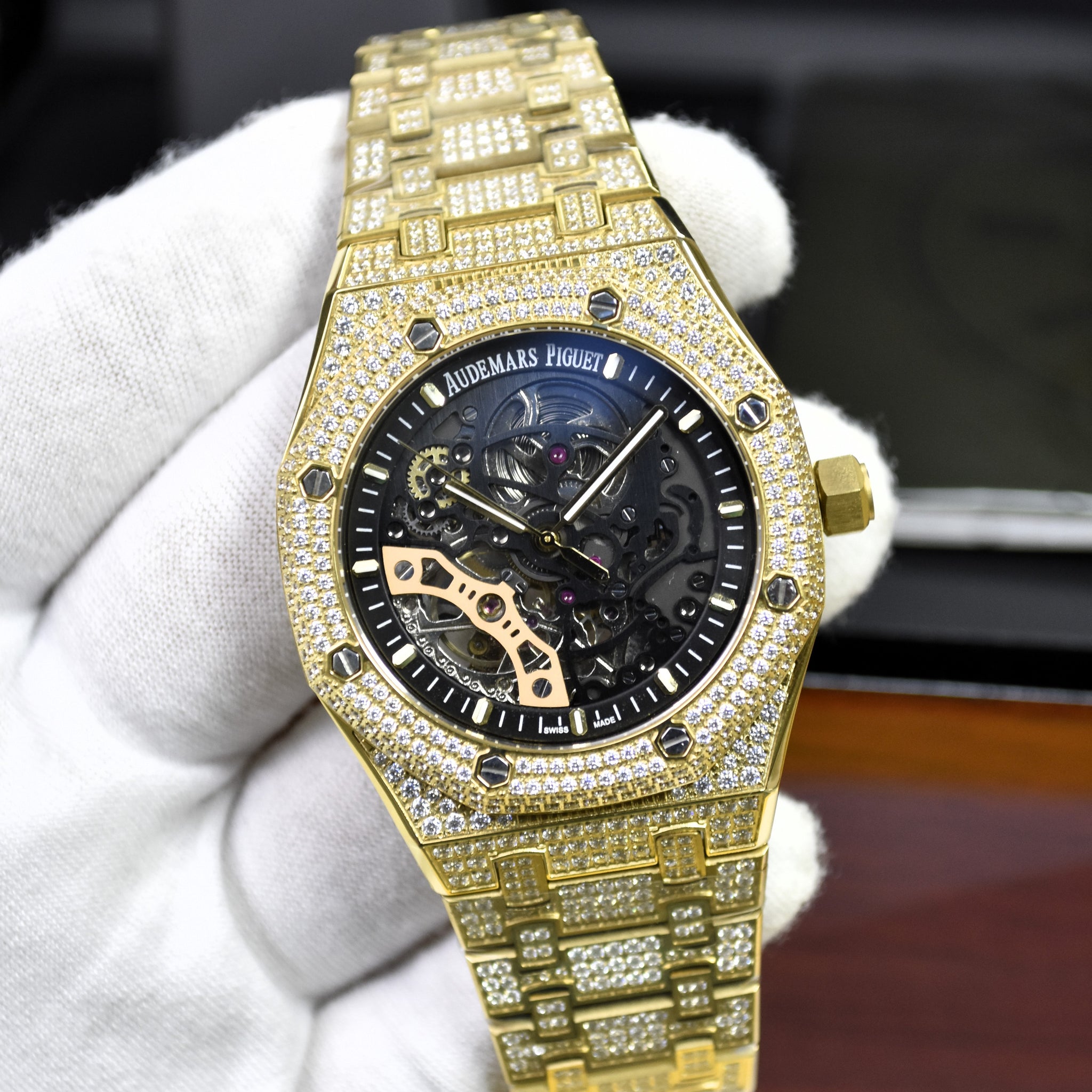 AP AUTO ROYAL OAK FULL ICED YELLOW GOLD SKELETON