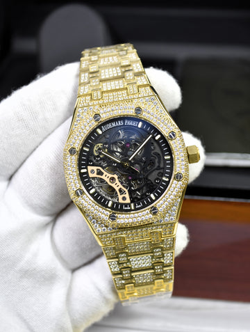 AP AUTO ROYAL OAK FULL ICED YELLOW GOLD SKELETON