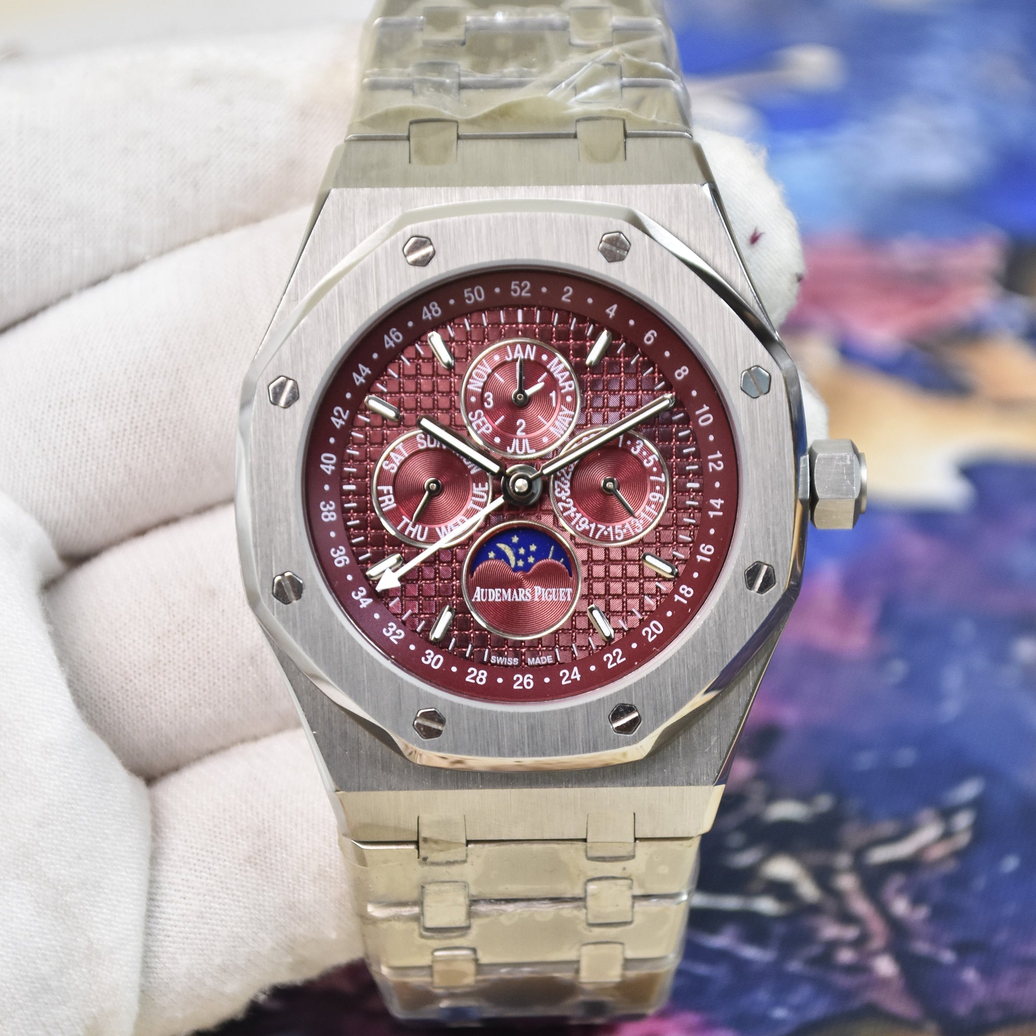 ROYAL OAK AUTO CALENDER PREPETUEL SILVER RED