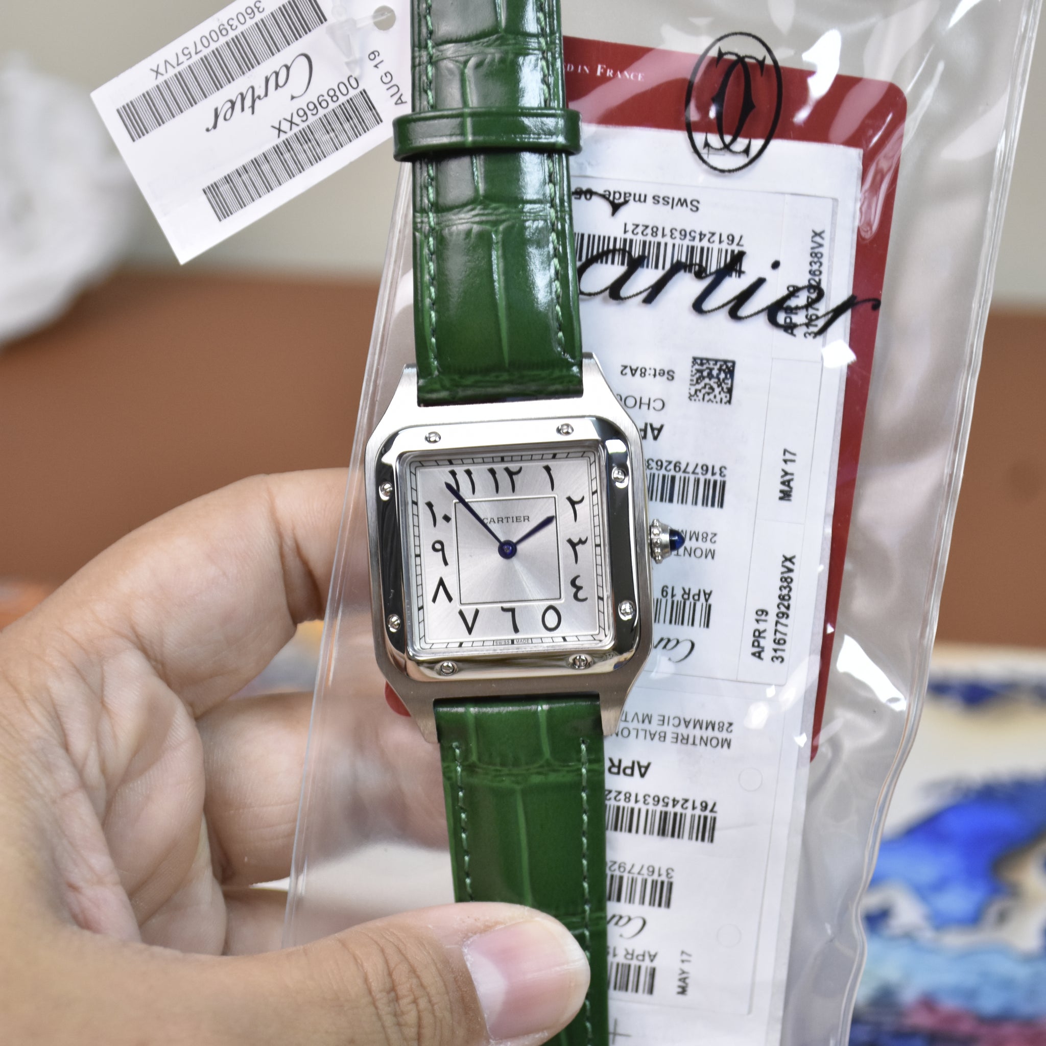 Santos Dumont XL Quartz Arabic Green Silver White Dial