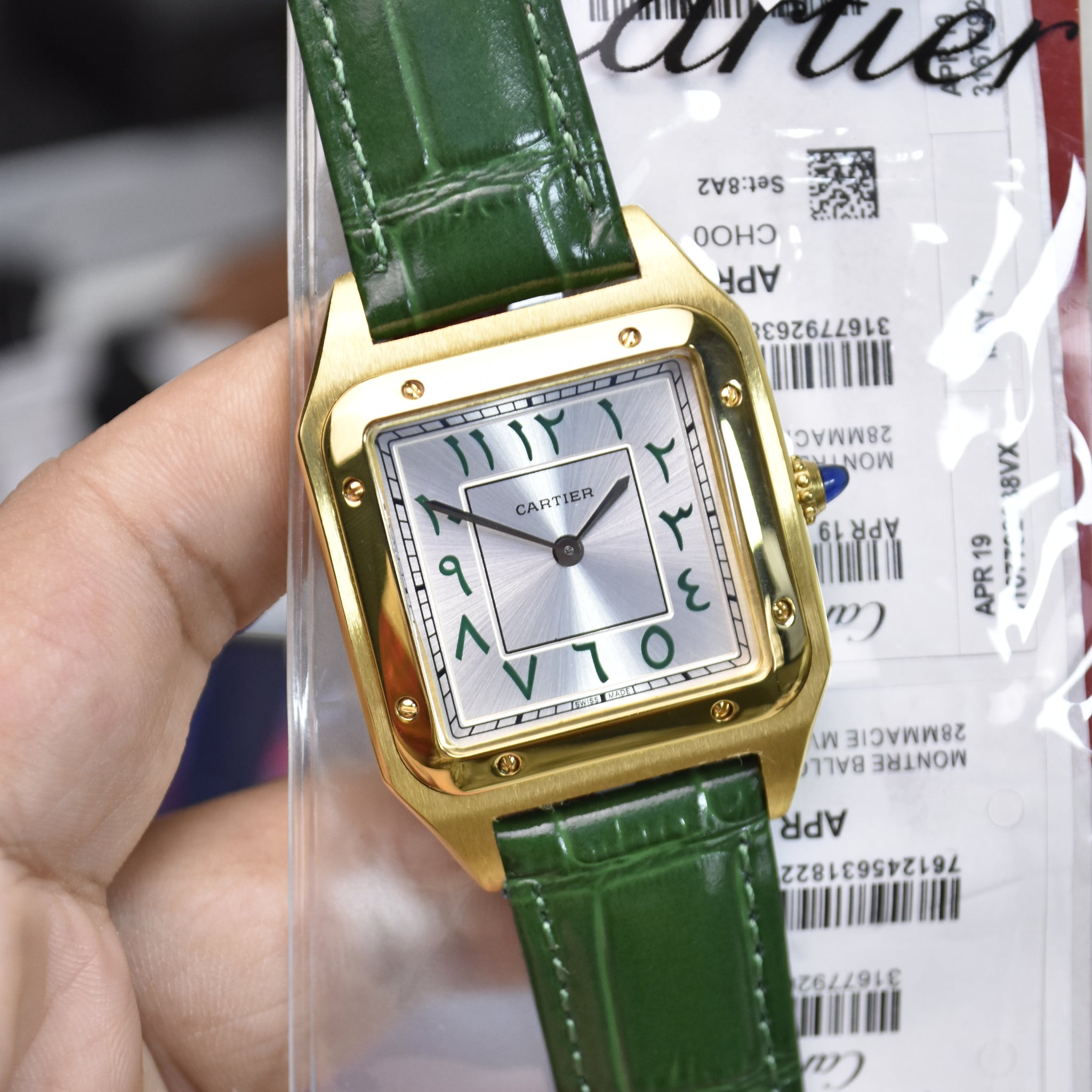 Santos Dumont XL Quartz Arabic Green Gold White Dial