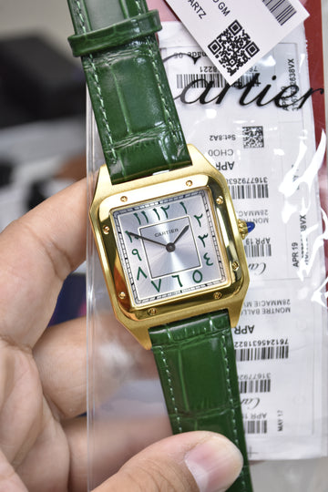 Santos Dumont XL Quartz Arabic Green Gold White Dial