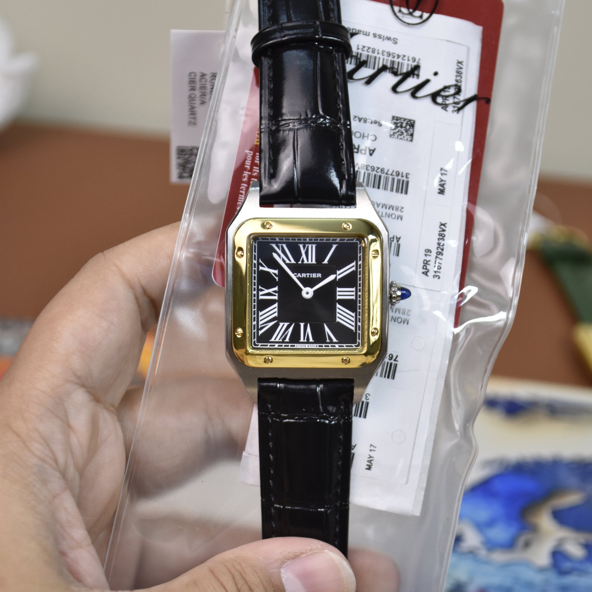 Santos Dumont XL Quartz Silver Gold Black Dial