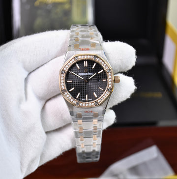 Ladies Royal oak Quartz Stones Two-Tone Rose Black Dial