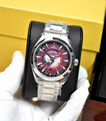 AQUATERRA WORLD MAP AUTO CHAIN SILVER RED DIAL