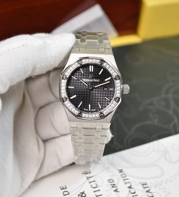 Ladies Royal oak Quartz Stones Silver Black Dial