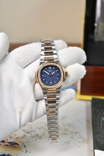 Ladies Nautilus Quartz Stones Two-Tone Rose Blue Dial