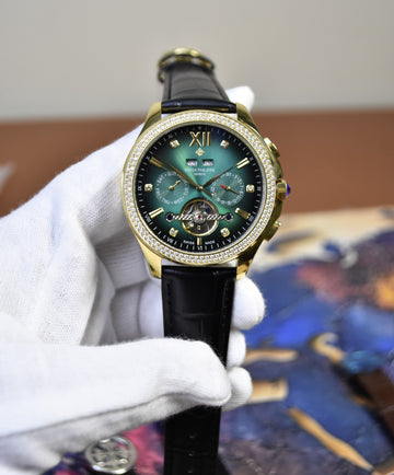CENTURY TOURBILLION AUTO STONES GOLD GREEN BLACK DIAL