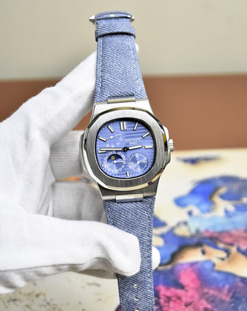 NEW COLOUR JEANS STRAP POWER RESERVE SILVER ICEBLUE DIAL