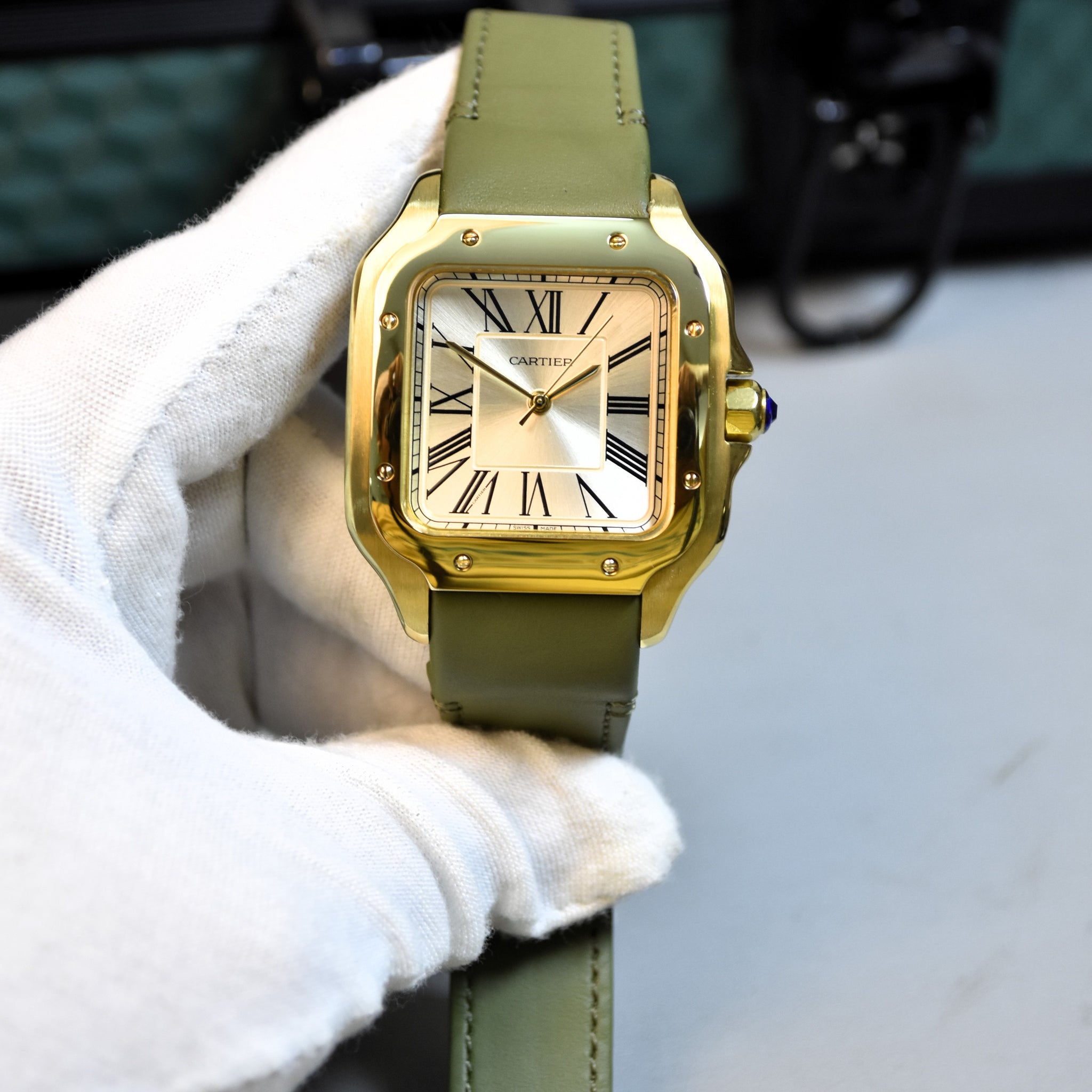 Santos Auto Olive Green Gold White Dial