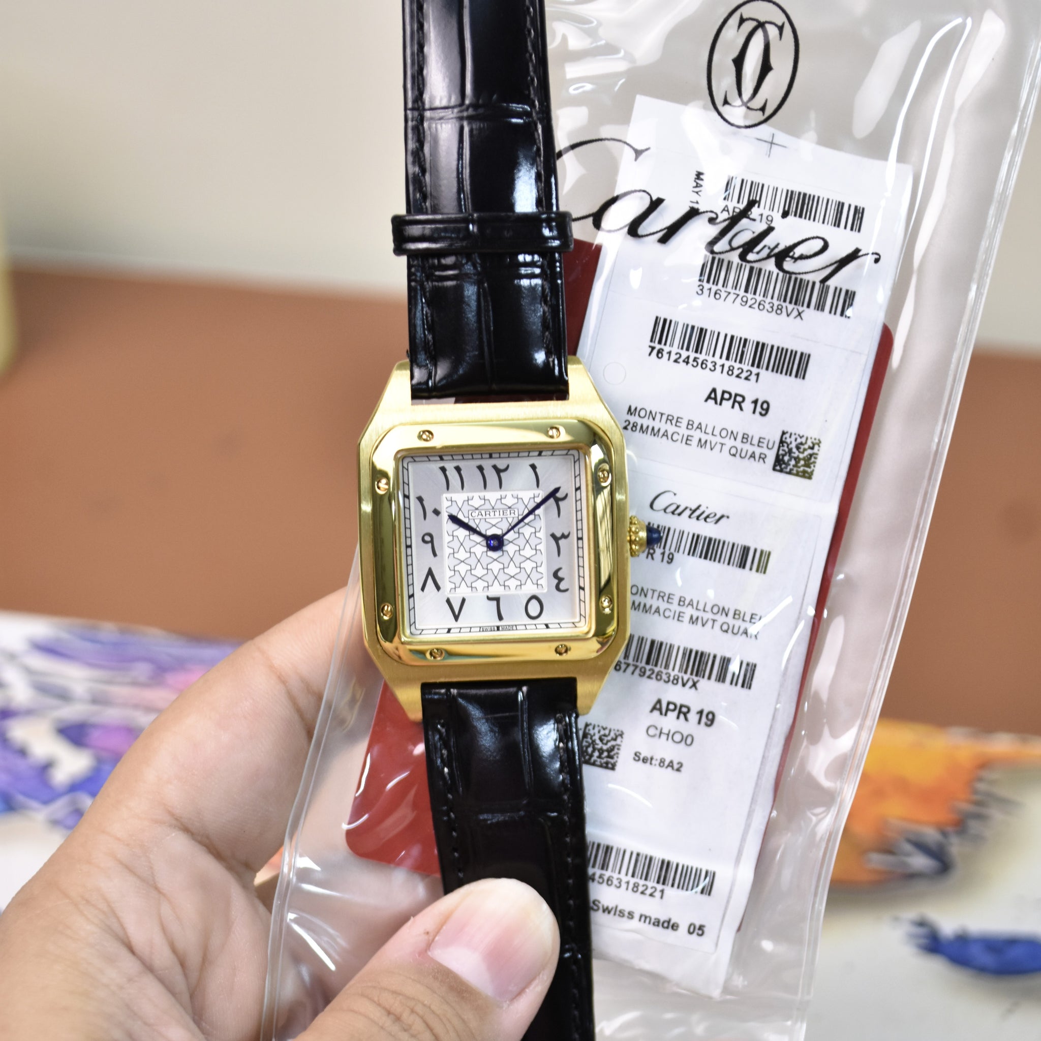 Santos Dumont XL Quartz Arabic Texture Black Gold White Dial