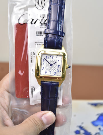 Santos Dumont XL Quartz Arabic Texture Blue Gold White Dial