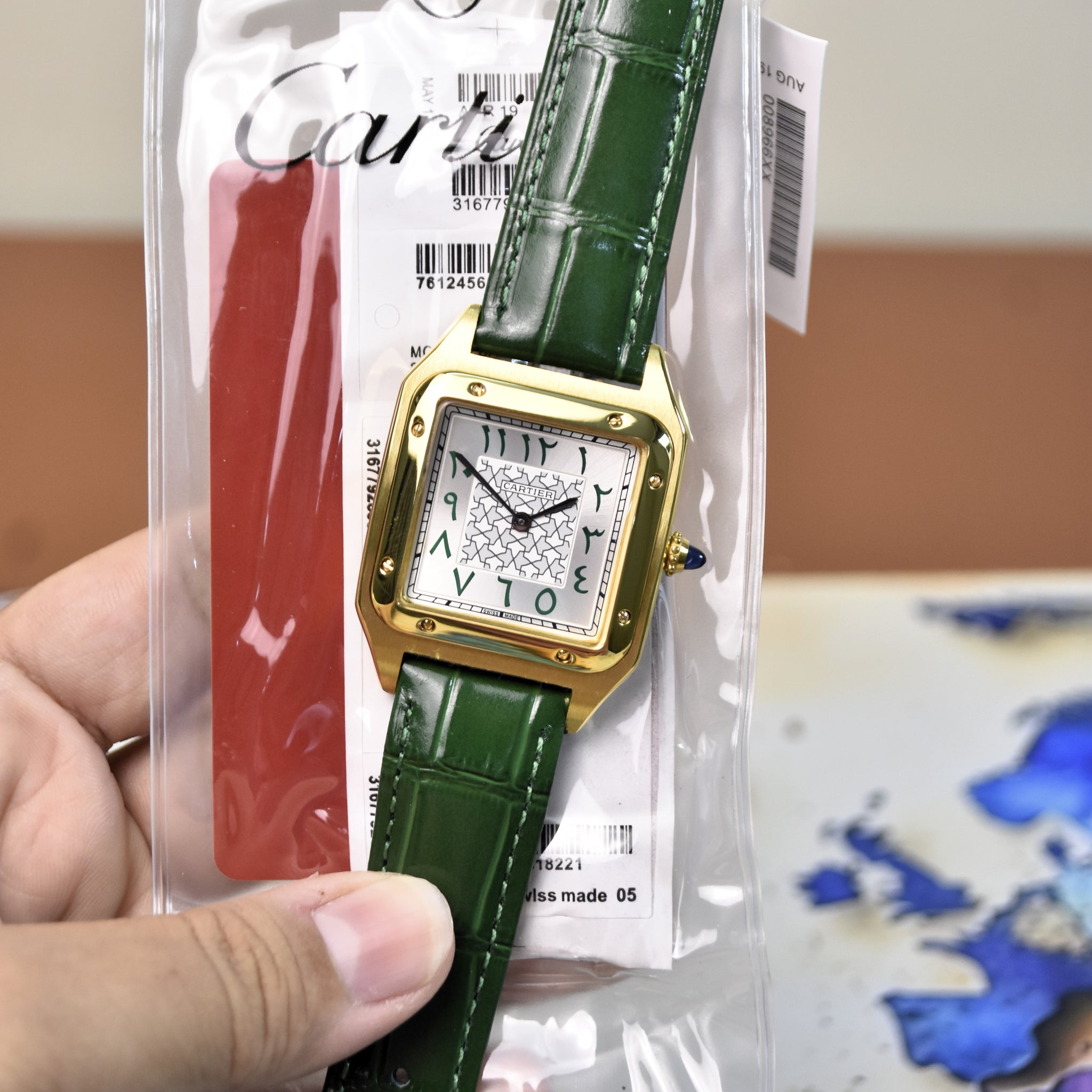 Santos Dumont XL Quartz Arabic Texture Green Gold White Dial