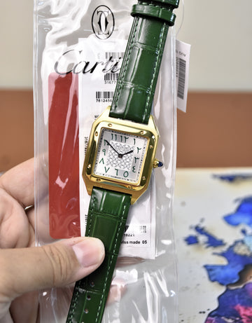 Santos Dumont XL Quartz Arabic Texture Green Gold White Dial