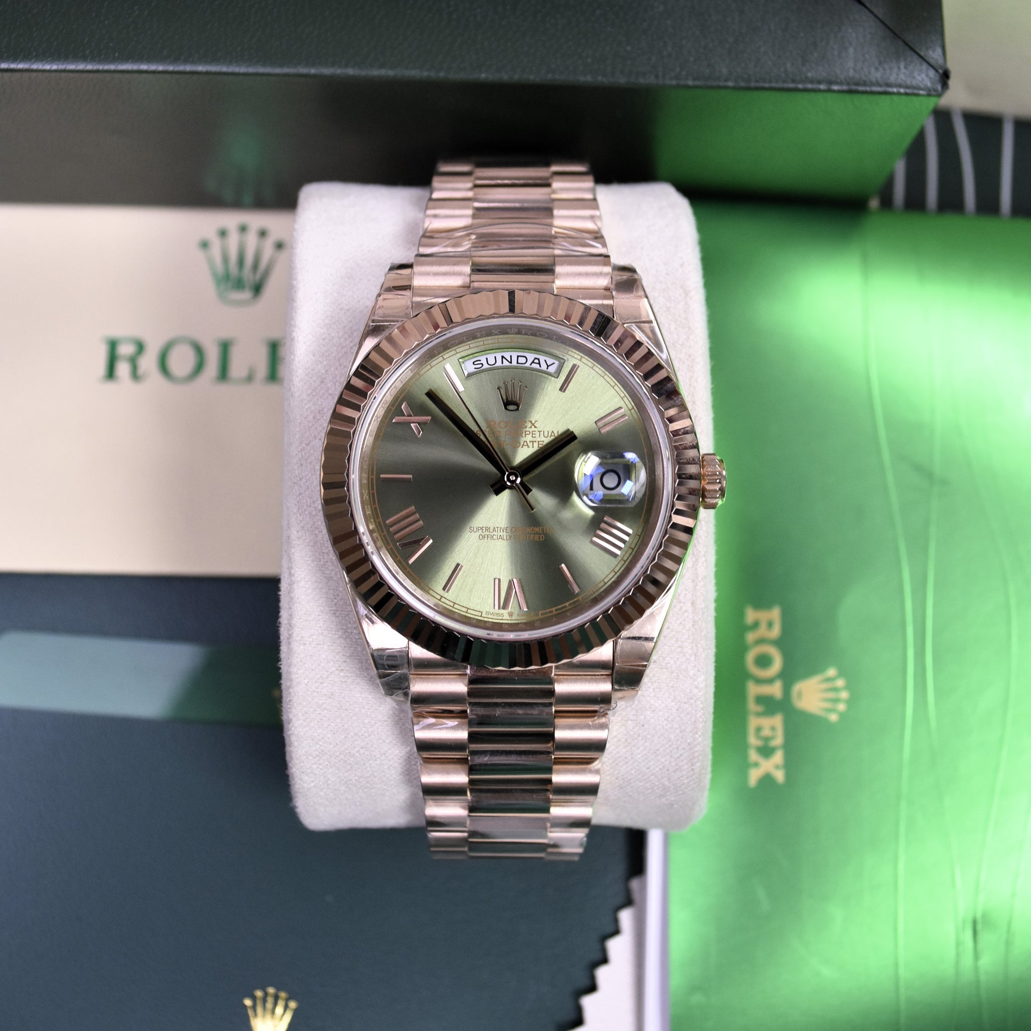 DAYDATE PRESIDENTAL ROSE OLIVE GREEN ROMAN