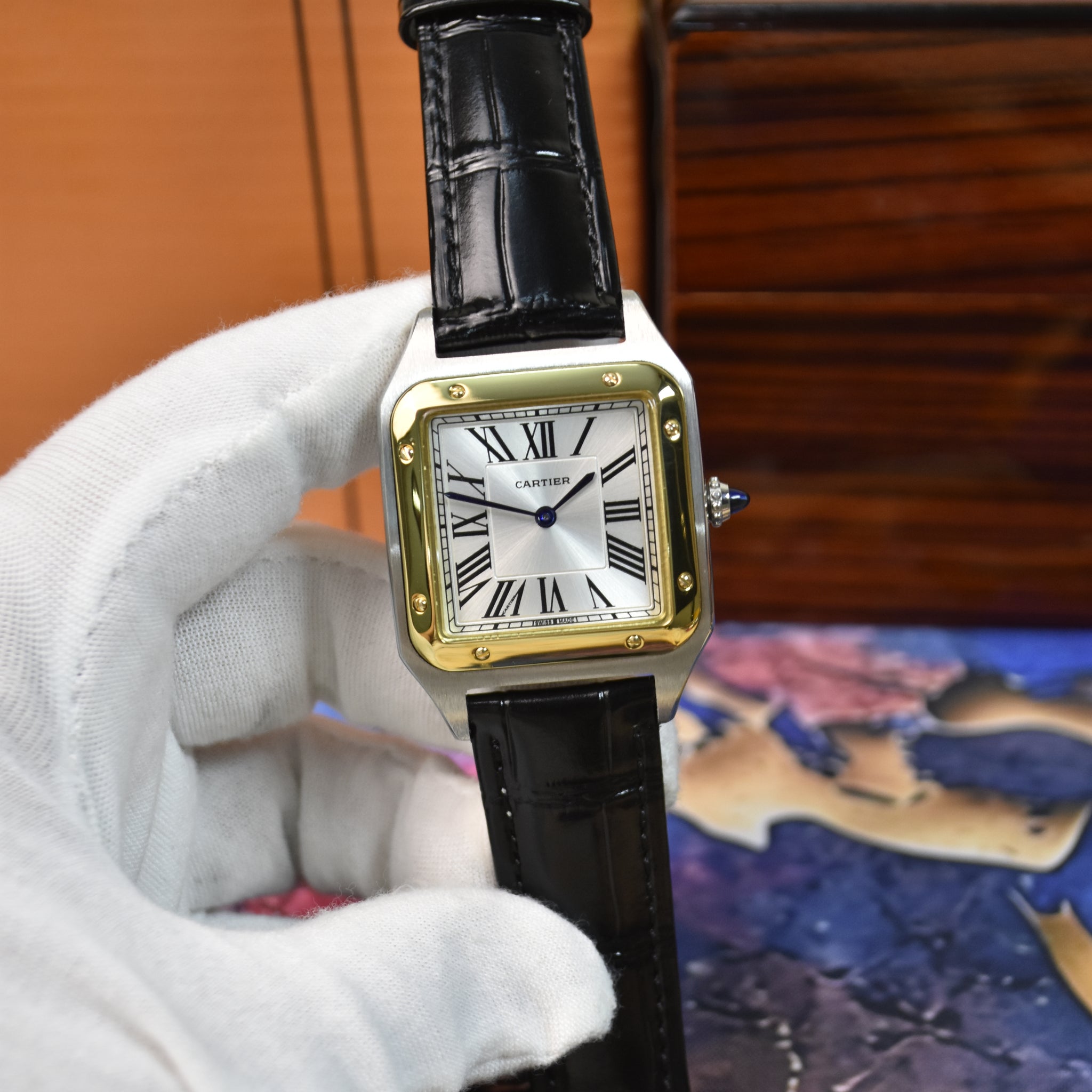 Santos Dumont XL Quartz Strap Silver Gold White Dial