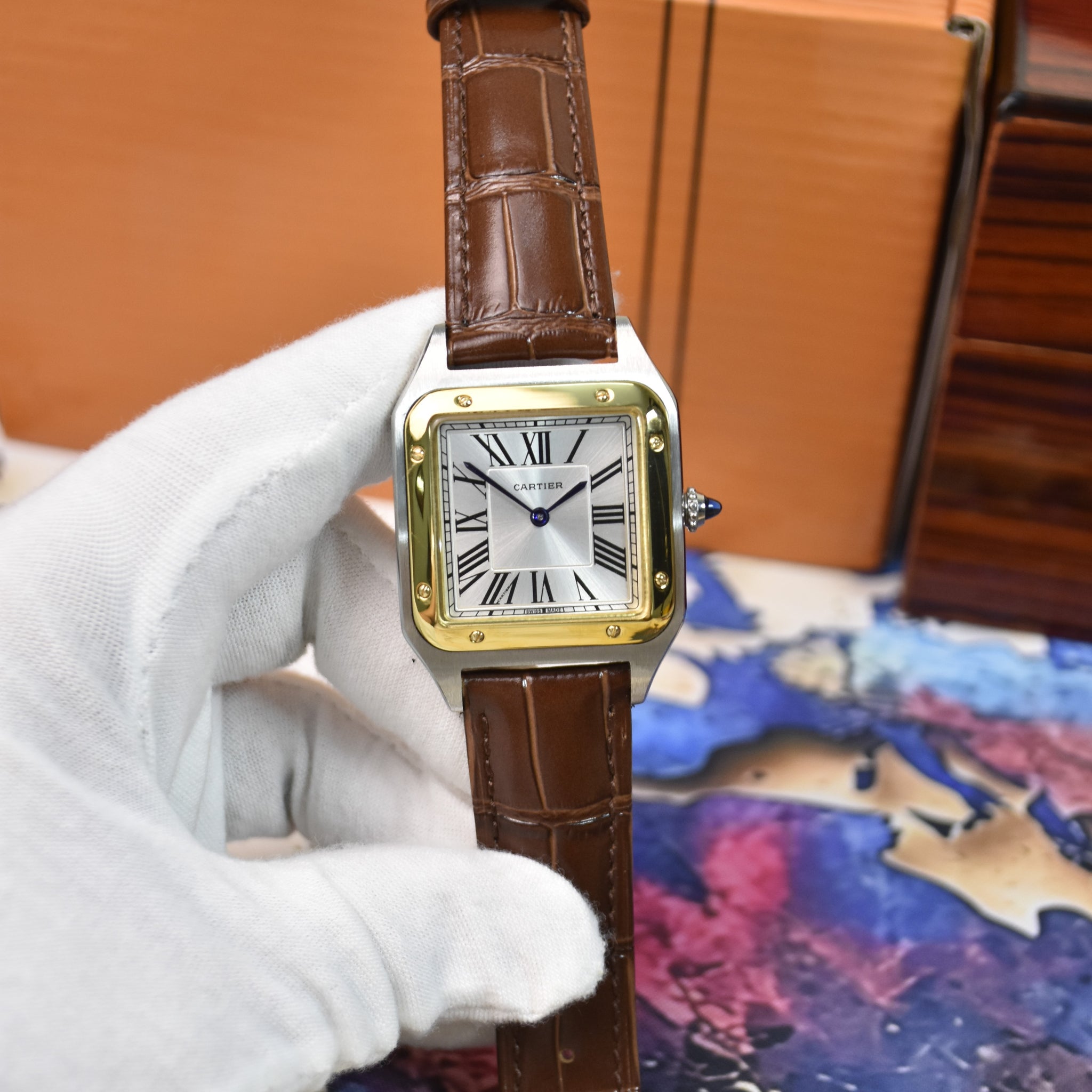 Santos Dumont XL Quartz Silver Gold White Dial