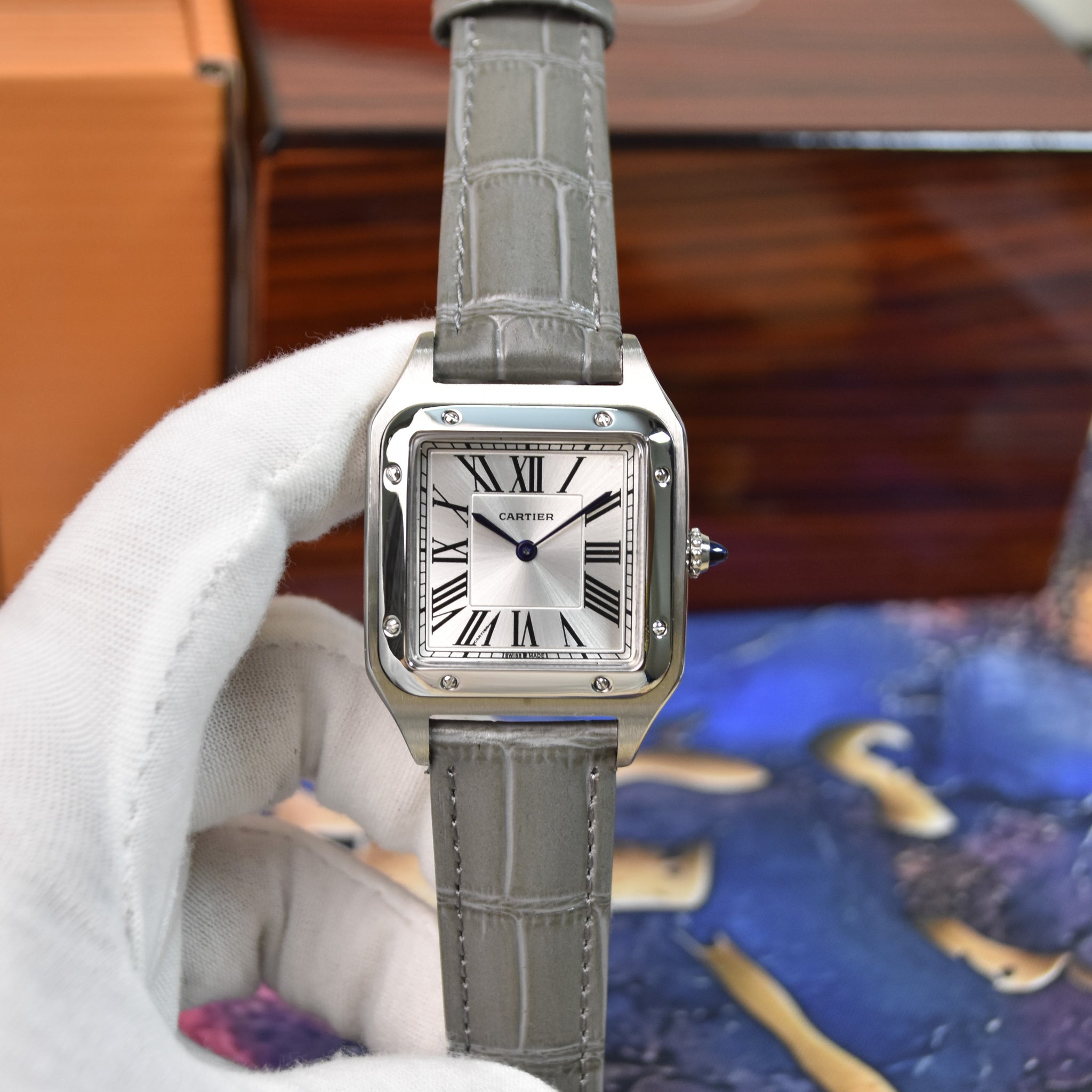 Santos Dumont XL Quartz Grey Silver White Dial