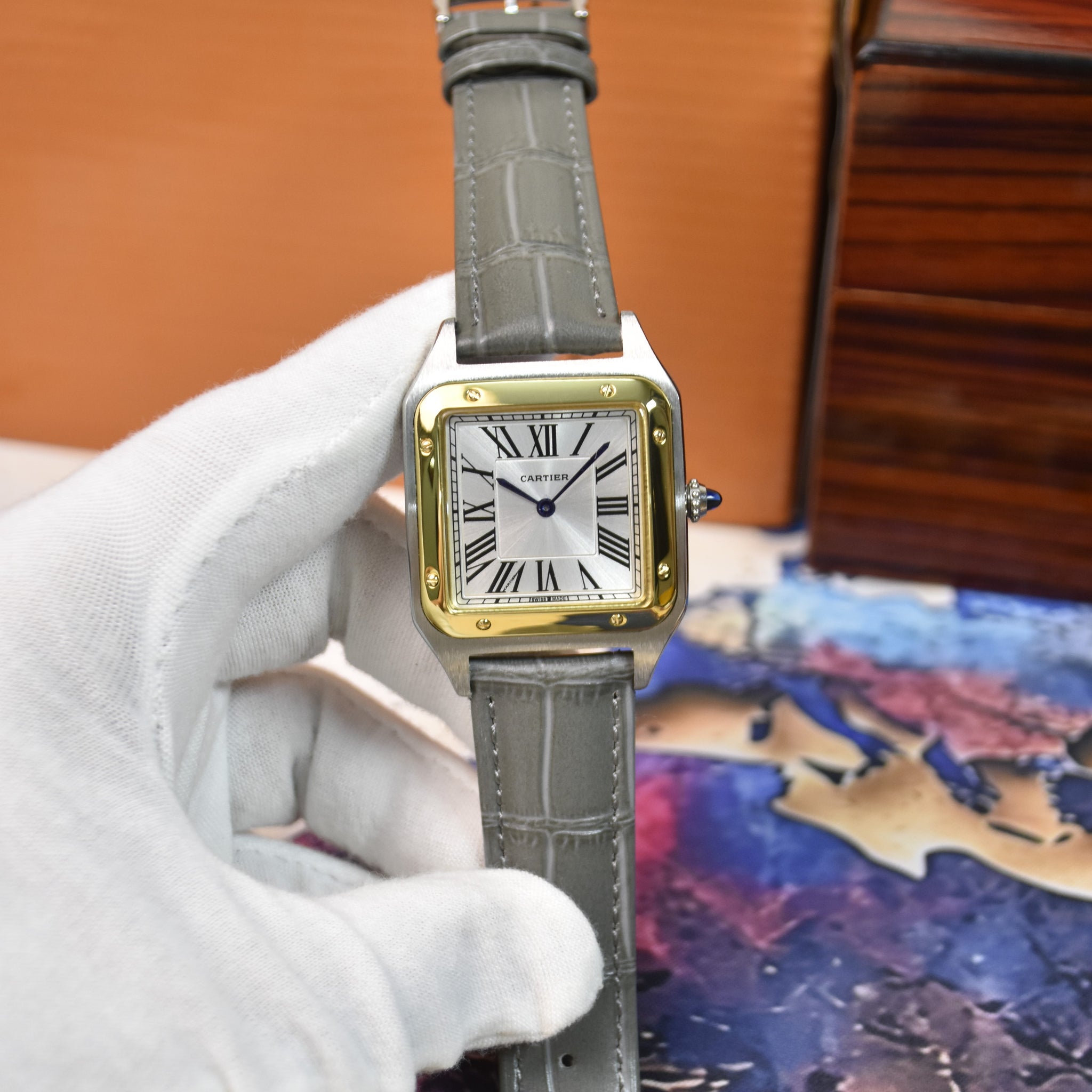 Santos Dumont XL Quartz Grey Silver Gold White Dial