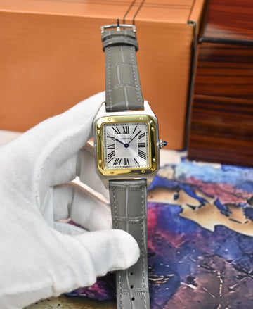 Santos Dumont XL Quartz Grey Silver Gold White Dial