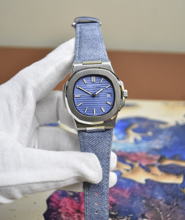 NEW COLOUR JEANS STRAP NAUTILIUS SILVER ICE BLUE DIAL