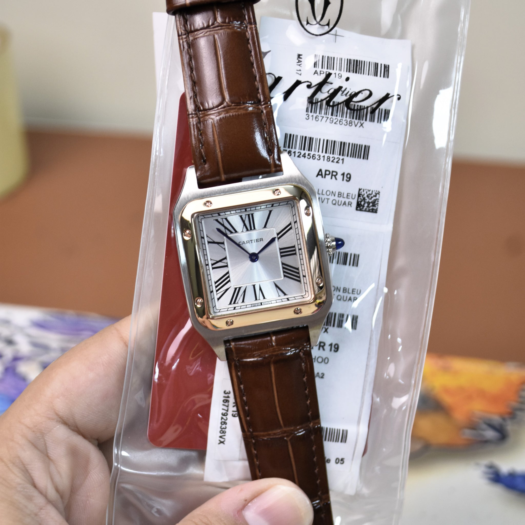 Santos Dumont XL Quartz Brown Silver Rose White Dial