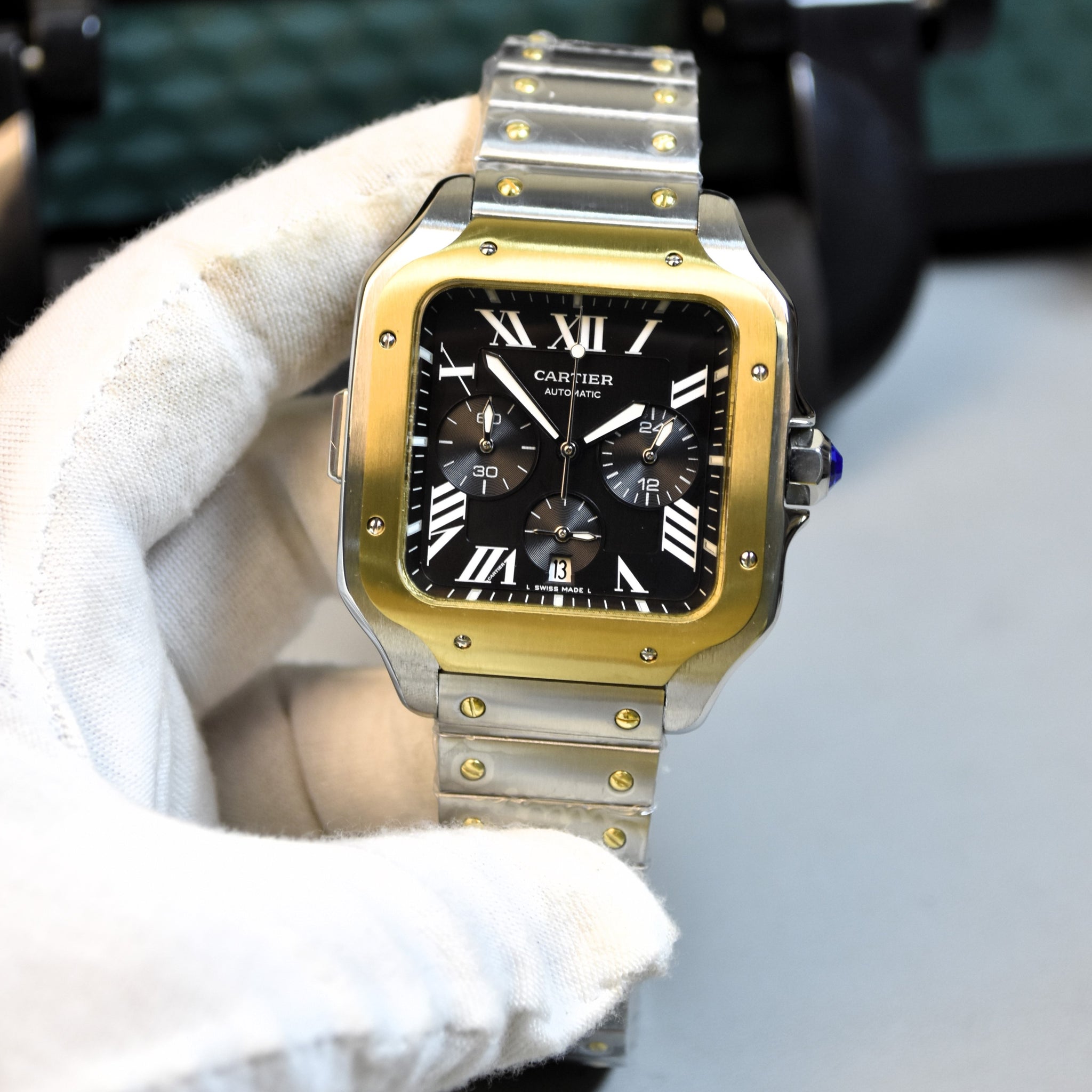 Santos Quartz Chronograph Twotone Gold Black Dail