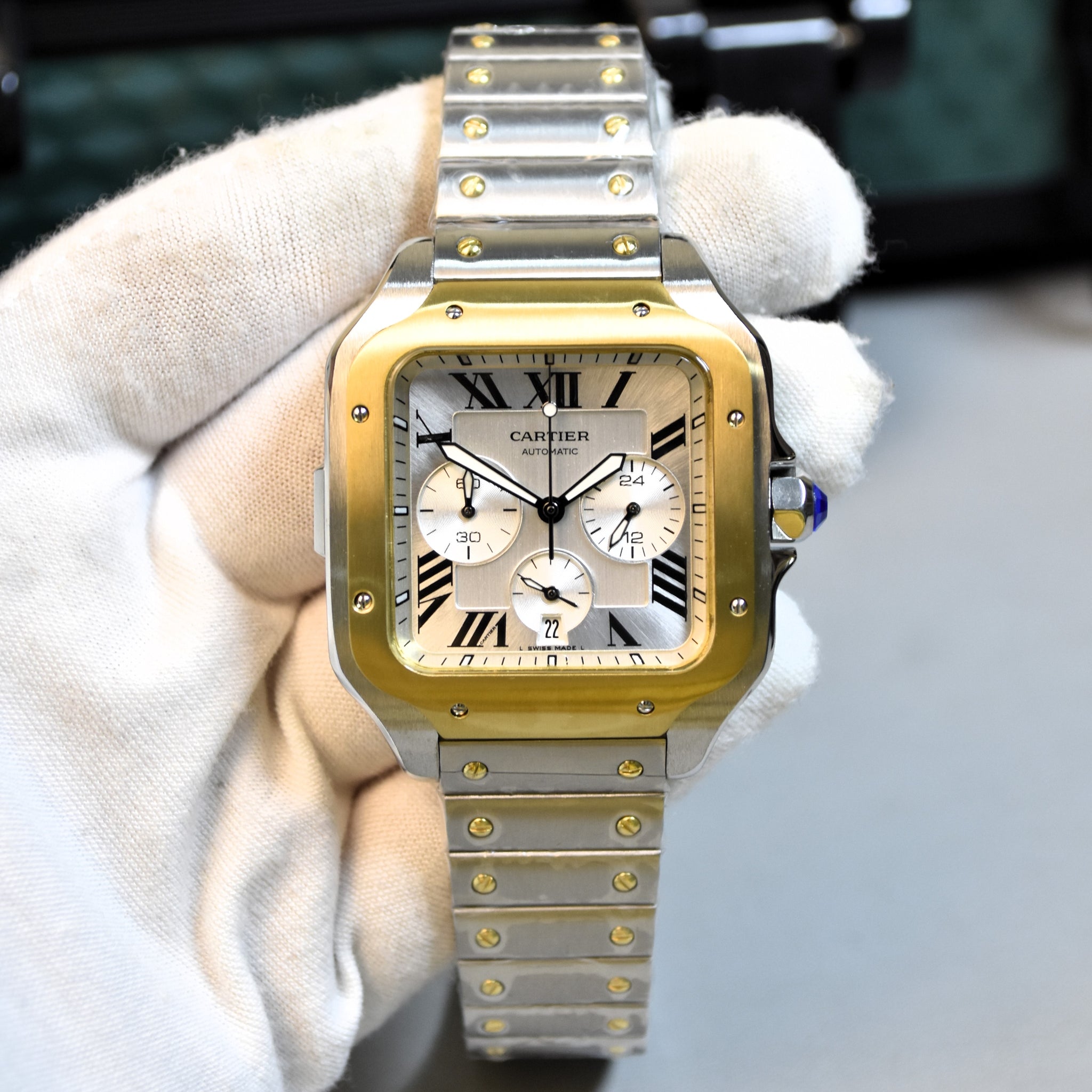 Santos Quartz Chronograph Twotone Gold White Dail