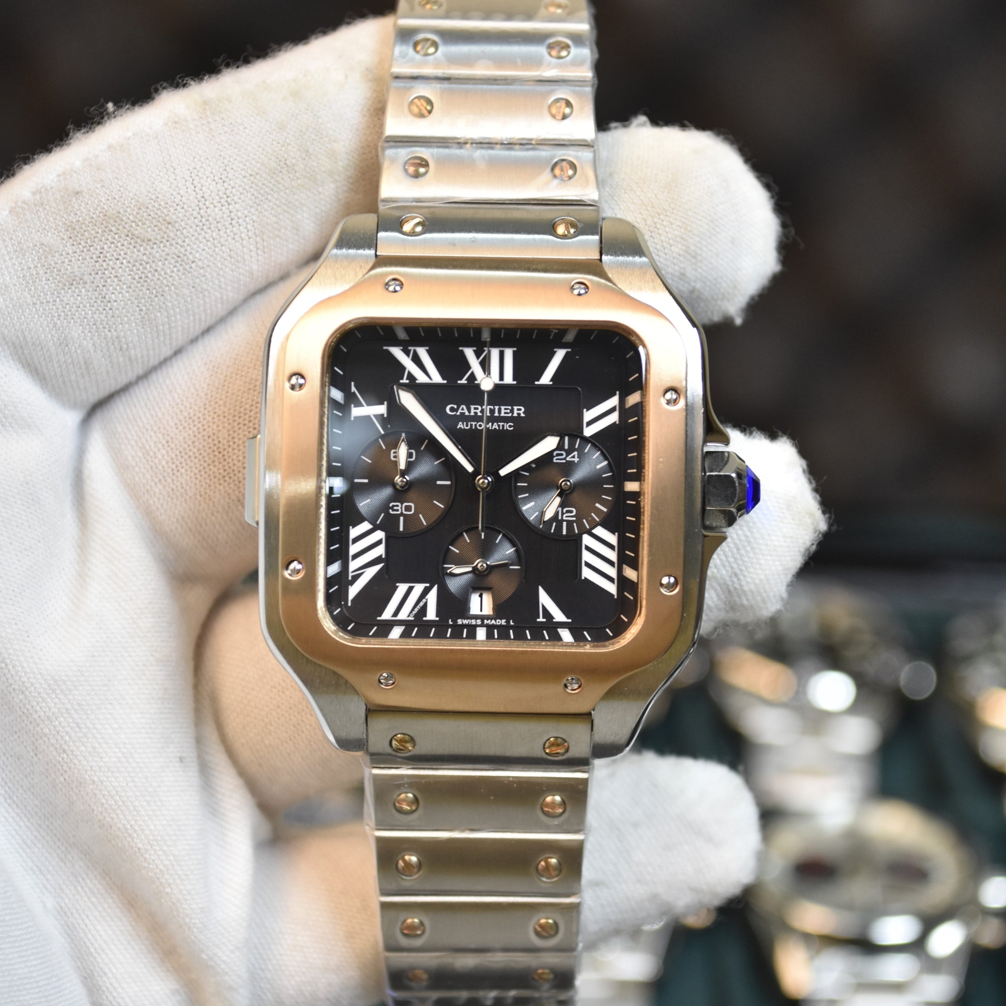 Santos Quartz Chronograph Two-tone Rose Black Dail