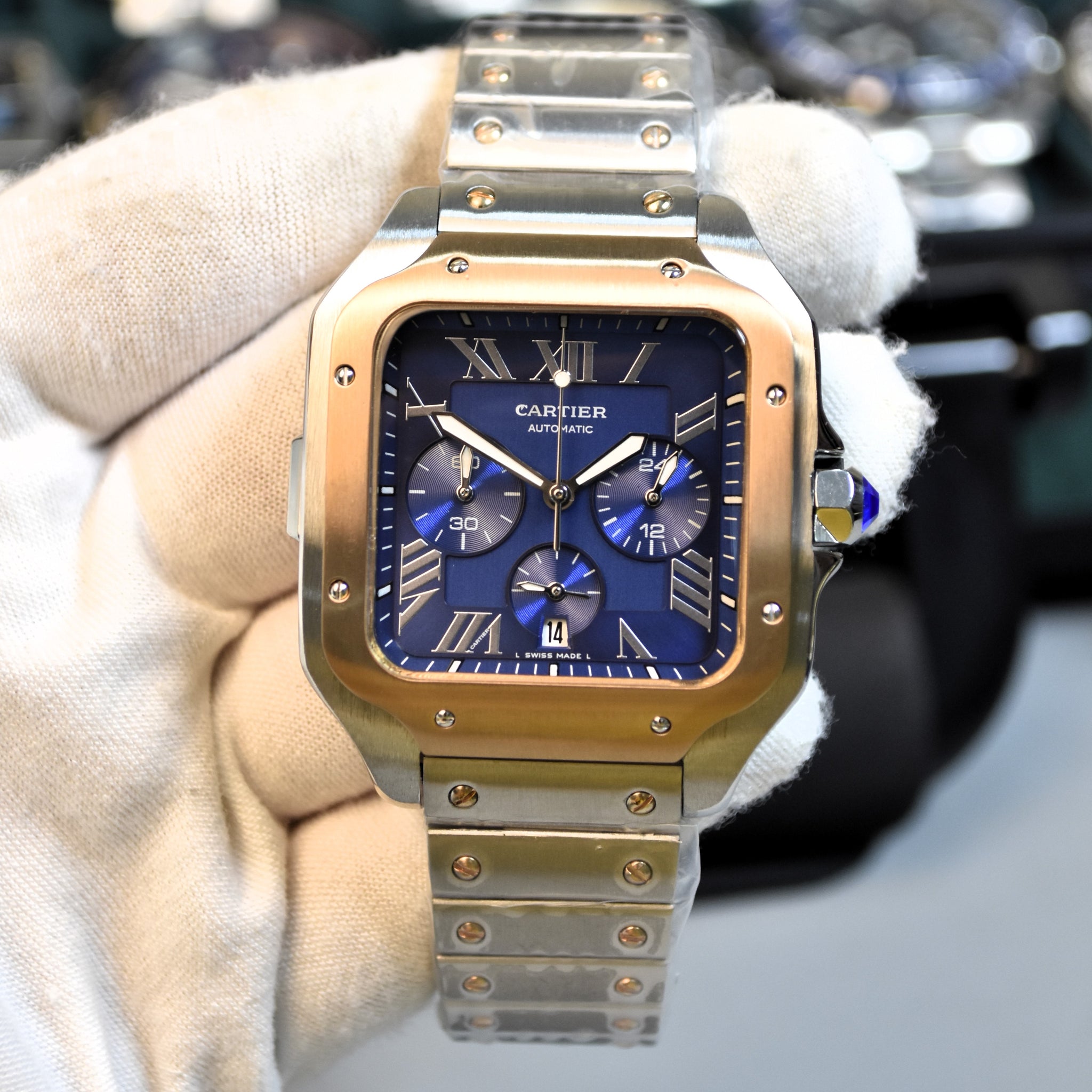 Santos Quartz Chronograph Two-tone Rose Blue Dail