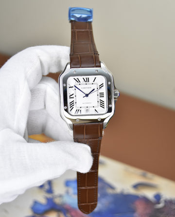 Santos Auto Strap Silver White Dial