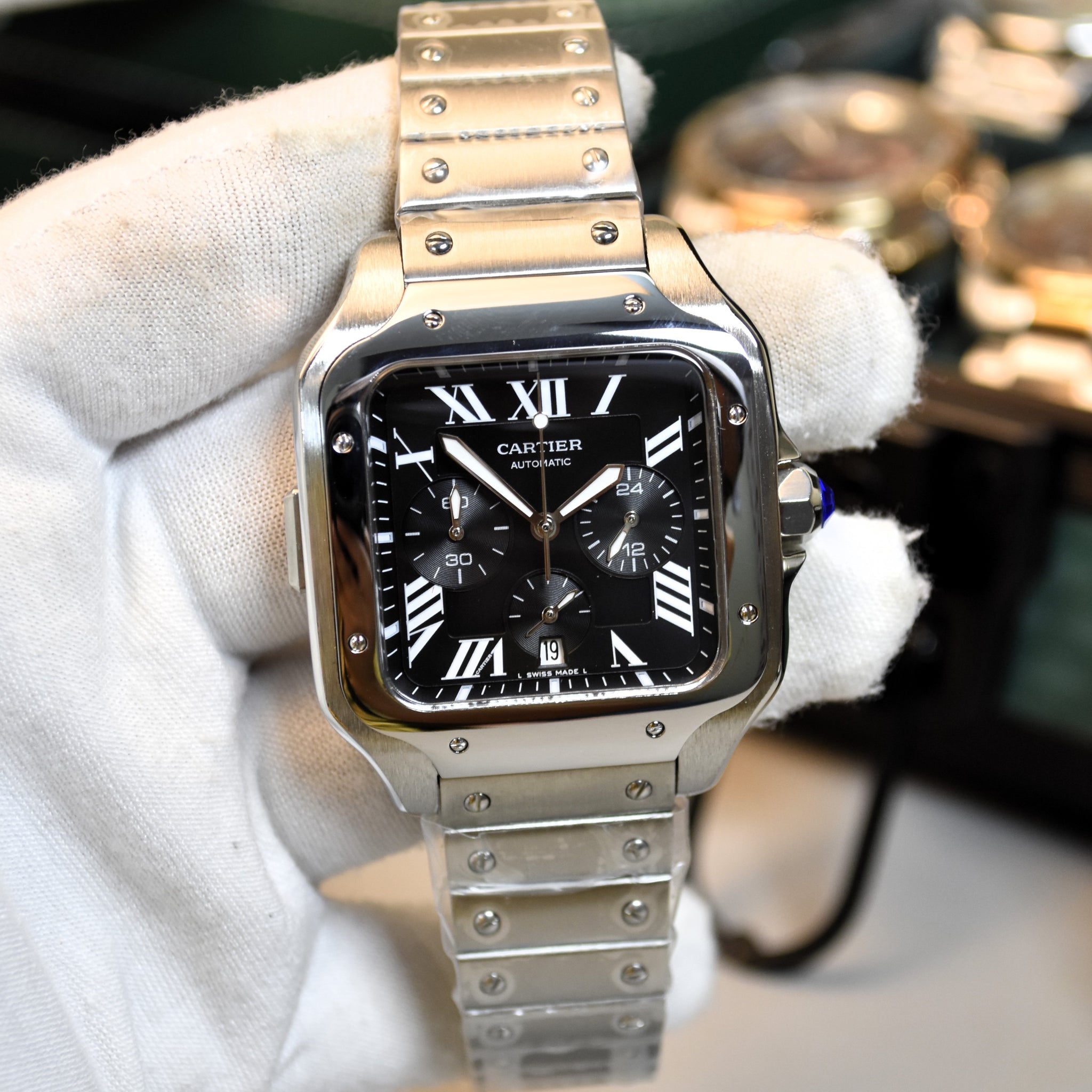 Santos Quartz Chronograph Silver Black Dial