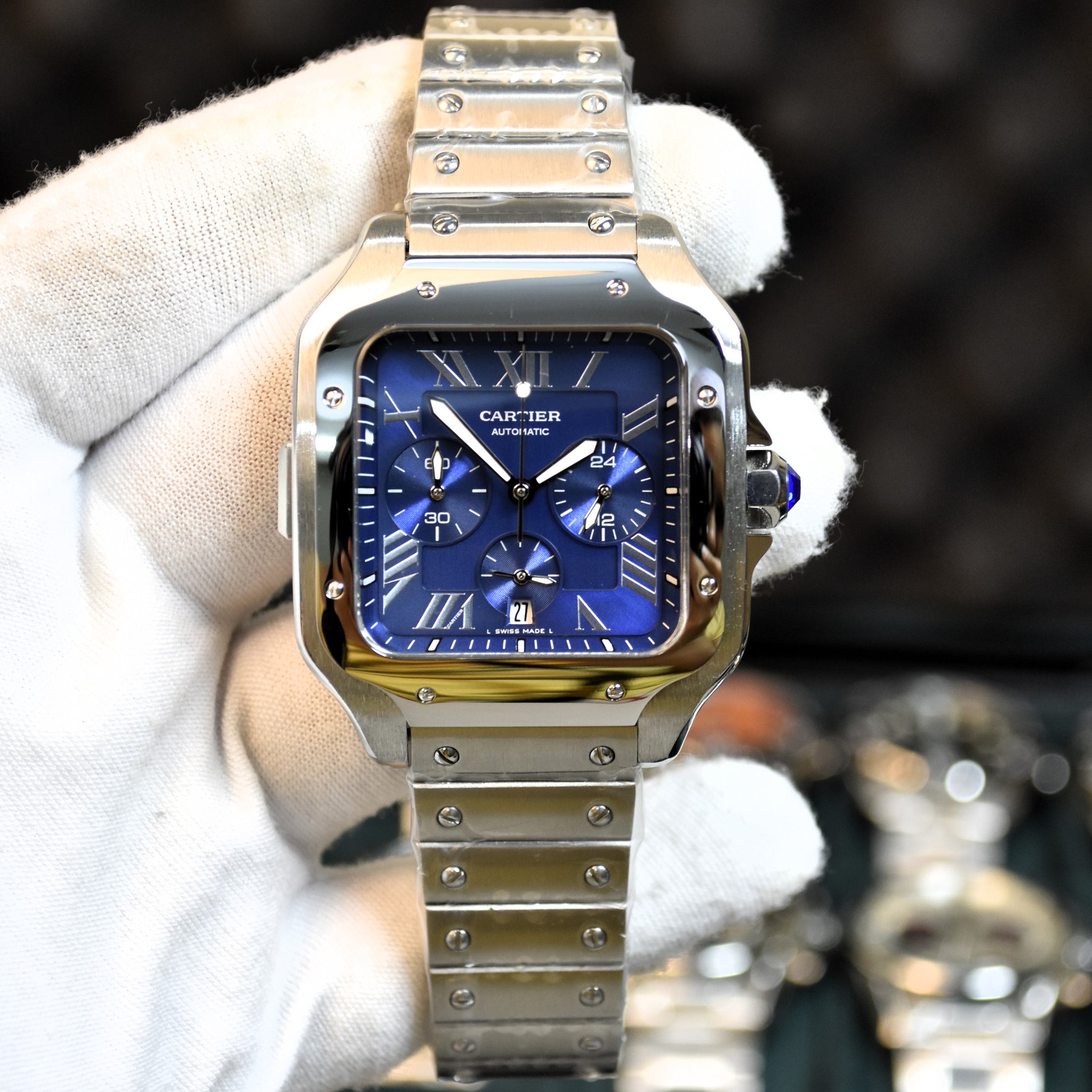 Santos Quartz Chronograph Silver Blue Dial