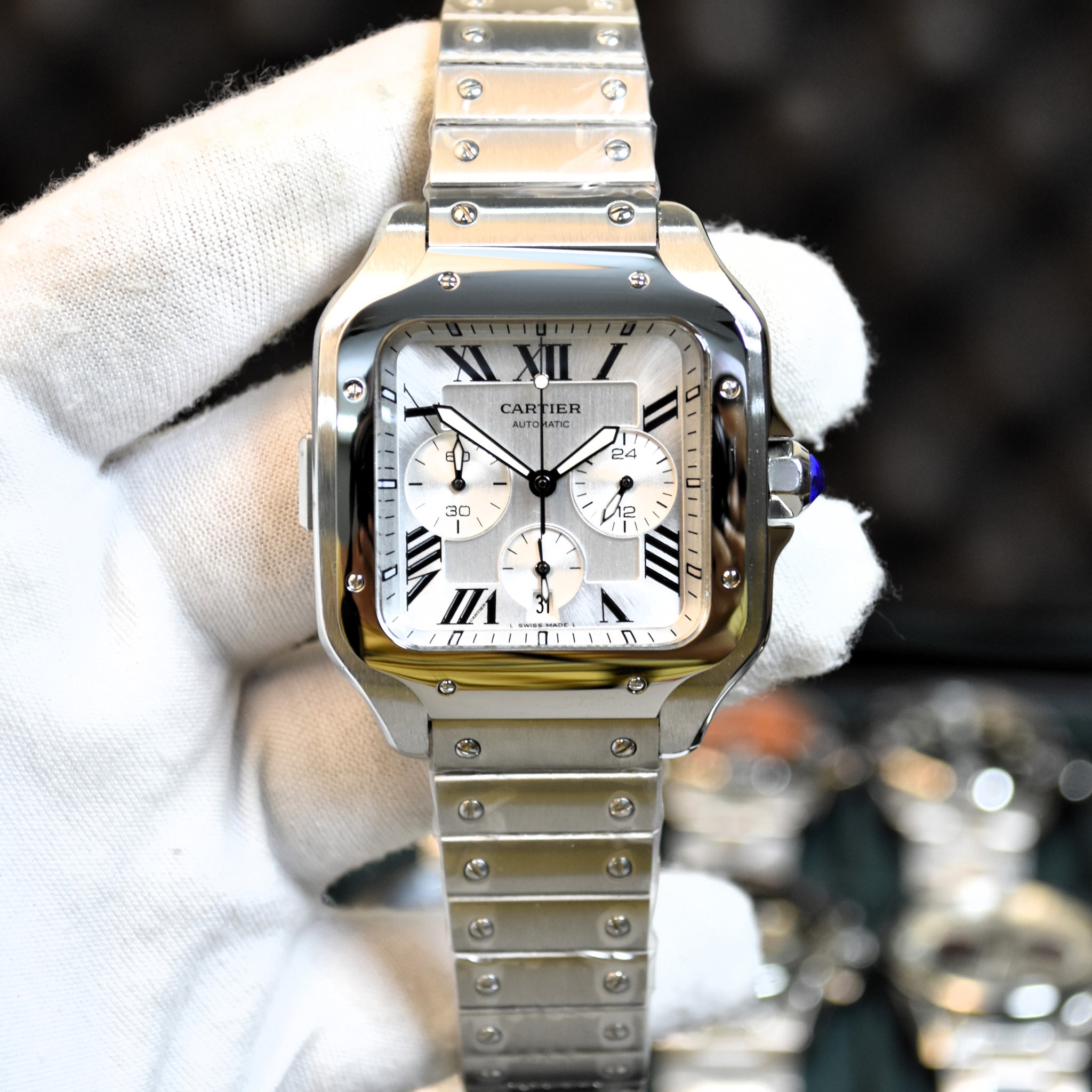 Santos Quartz Chronograph Silver White Dial