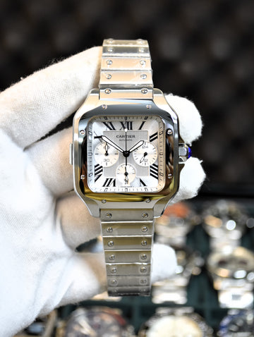 Santos Quartz Chronograph Silver White Dial