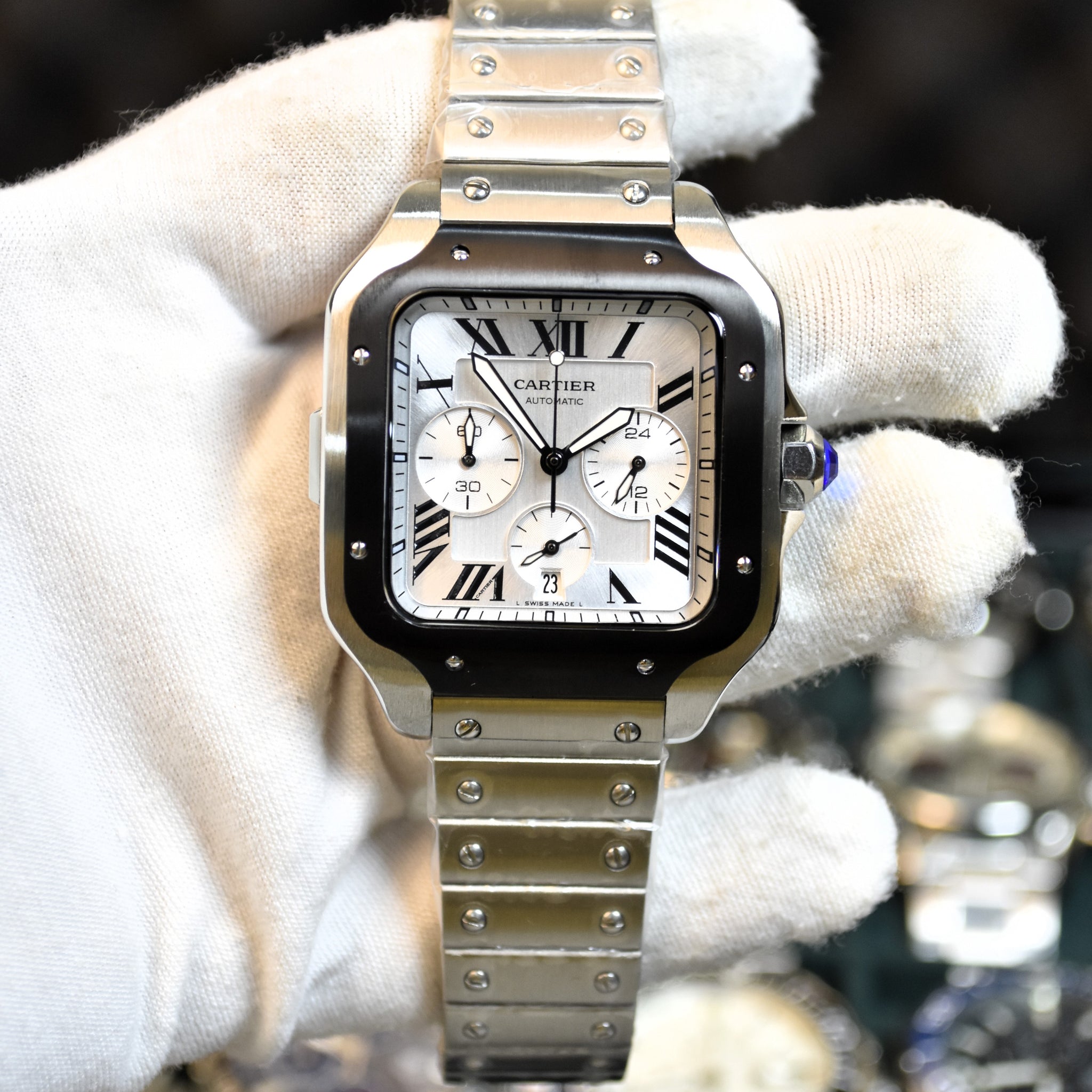 Santos Quartz Chronograph Silver Black White Dial