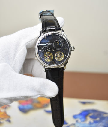 Double Tourbillion Strap Silver Black Dial