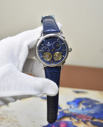 Double Tourbillion Strap Silver Blue Dial