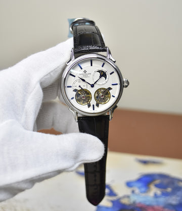 Double Tourbillion Strap Silver White Dial